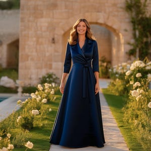 Mother of the Bride & Groom dress | Navy blue satin long wrap dress | Wedding guest, Evening dress | Elegant long formal gown 3/4 sleeves