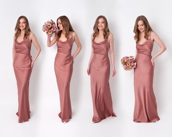 Robe en soie rose champagne, robe de demoiselle d'honneur, robe d'invité de mariage, robe de soirée, robe à bretelles, tenue de soirée nuptiale, robe longue