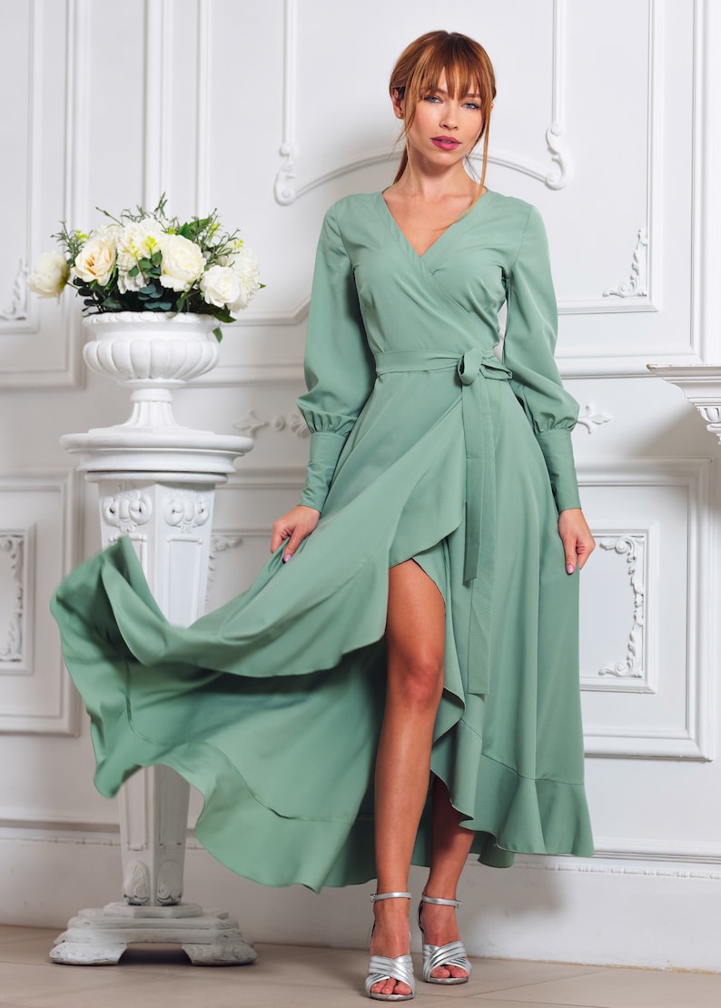 Sage Green Long Wrap Dress Bridesmaid Dress Cocktail Dress - Etsy