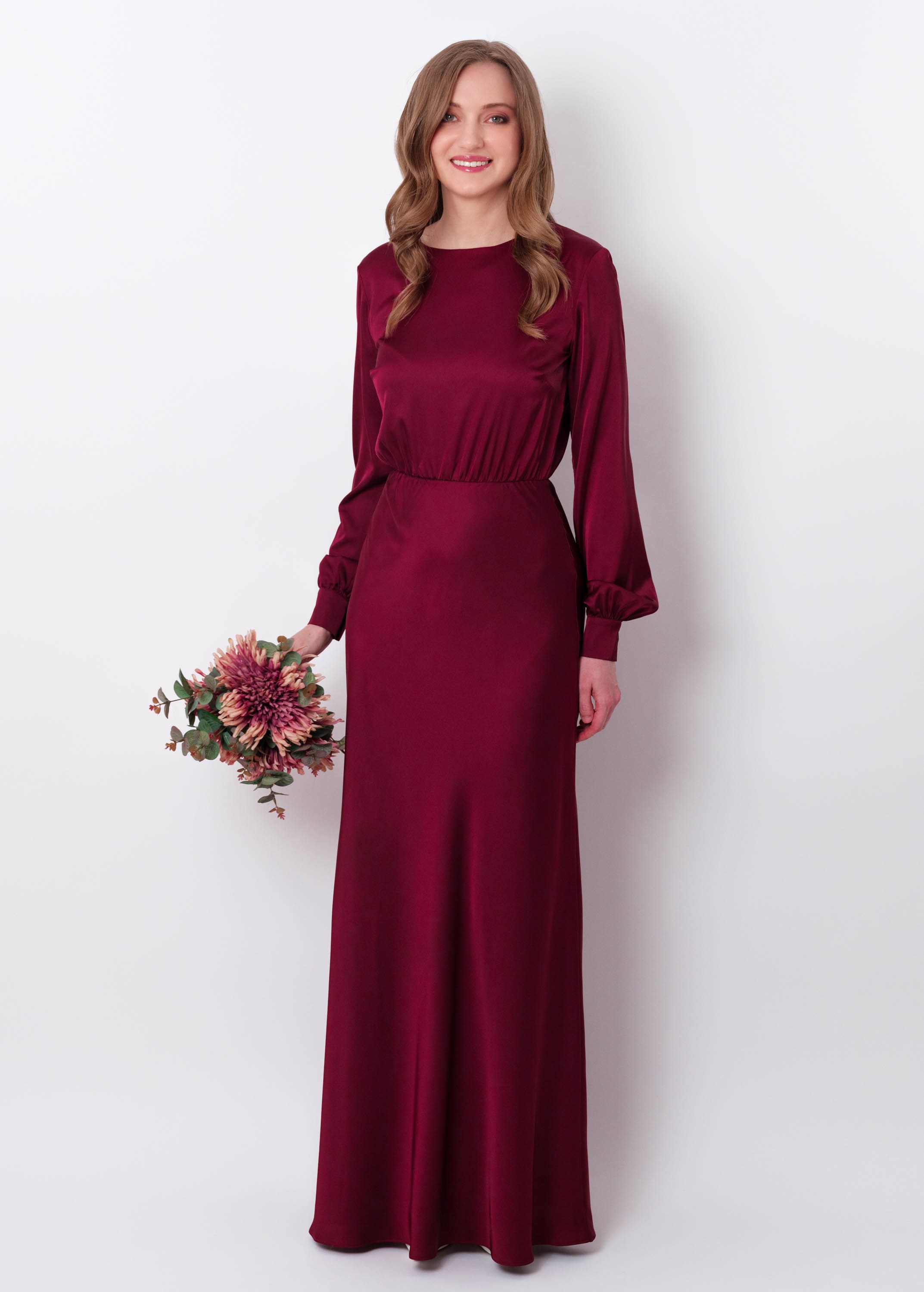 blue dress for baby girl Raspberry Chiffon Slit Sleeves V-Neck A-Line Long Bridesmaid Dress main image 1