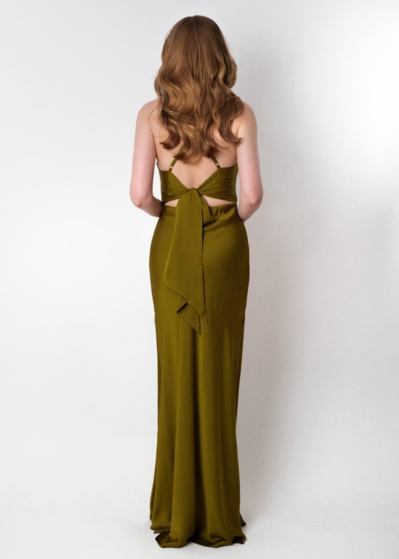 Olive silk slip dress, bridesmaid dress, wedding guest dress, evening dress, long straps dress, bridal party attire, long dress