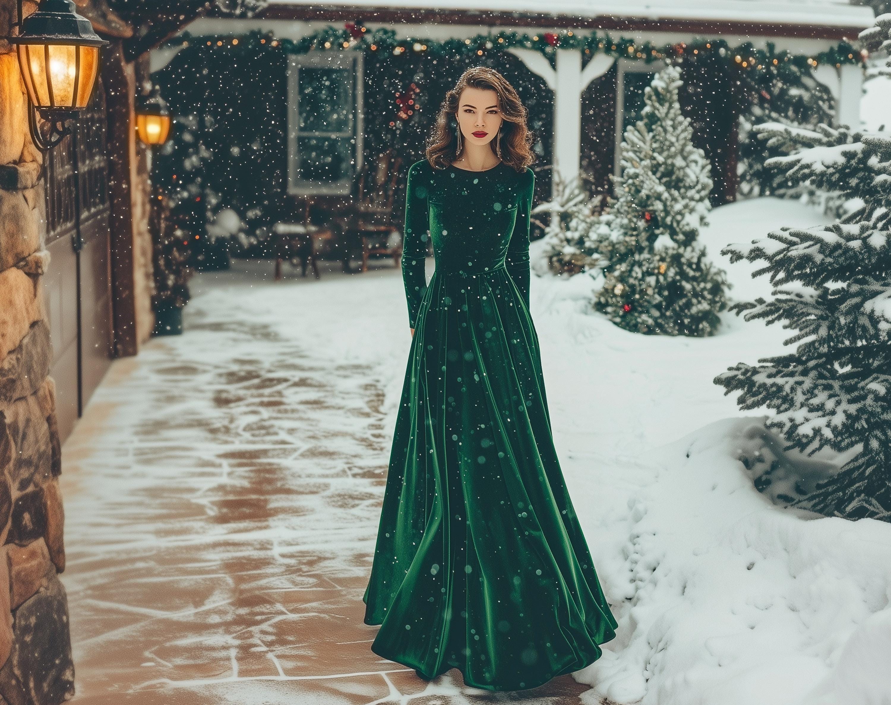 Velvet Dress in Emerald Green: Long Sleeve Floor Length Gown, for Holiday Parties, Christmas, Winter Weddings, Special Occasions