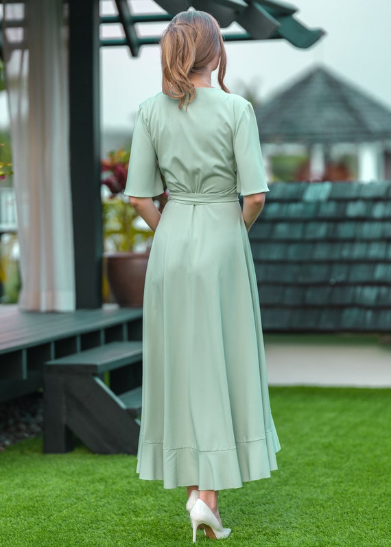 green emerald velvet dress V-Neck High-Low Wedding Guest Dress with Short Sleeves main image 0