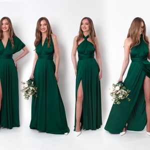 Infinity slit dress, dark green silk dress, bridesmaid dress, silk satin dress, multi wrap dress, convertible dress, multiway dress