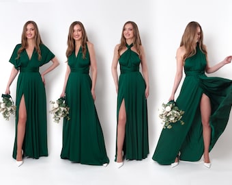 Infinity-Schlitz-Kleid, dunkelgrünes Seidenkleid, Brautjungfernkleid, Seidensatin-Kleid, Mehrfachwickelkleid, Wandelbares Kleid, Multiway-Kleid