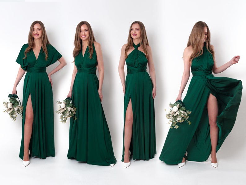 Infinity-Schlitzkleid, dunkelgrünes Seidenkleid, Brautjungfernkleid, Seidensatinkleid, Multi-Wickelkleid, wandelbares Kleid, Multiway-Kleid Bild 1