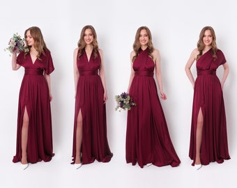 Vestido de seda con abertura infinita, vestido de seda burdeos, vestido de dama de honor, vestido de seda, vestido cruzado, vestido convertible, vestido multiway