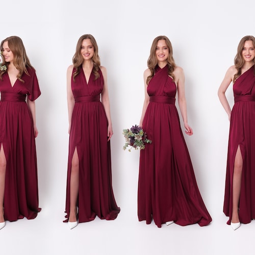 Robe en soie fendue à l'infini, robe en soie bordeaux, robe de demoiselle d'honneur, robe en soie, robe portefeuille, robe convertible, robe multivoies