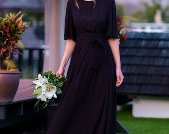 Black Long Dress With Belt, Viscose Slit Dress, Bridesmaids
