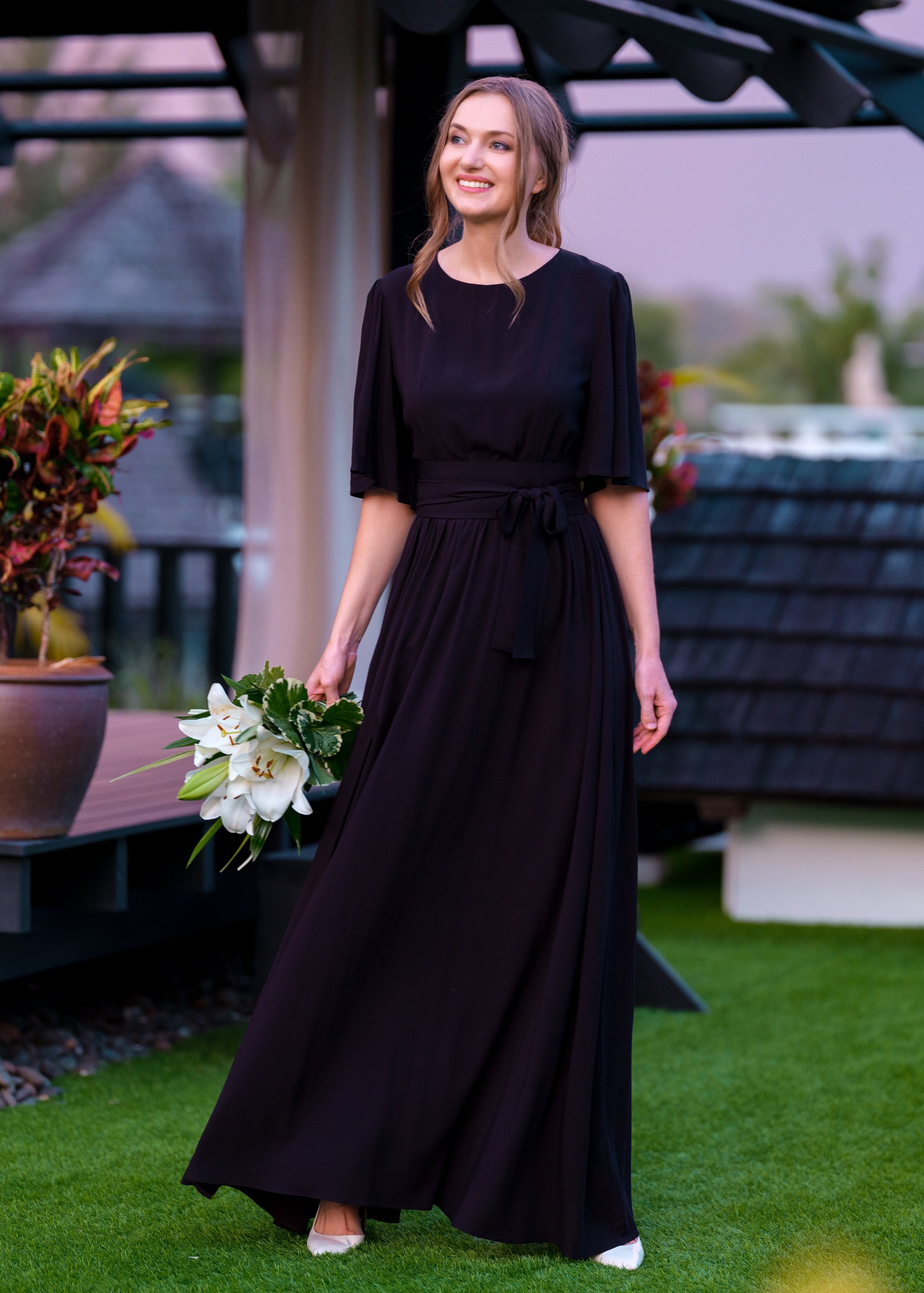 black bridesmaid dresses with pockets One Shoulder Black Satin Nernaid Cheap Side Slit Long Custom Bridesmai –  MarryLover main image 1