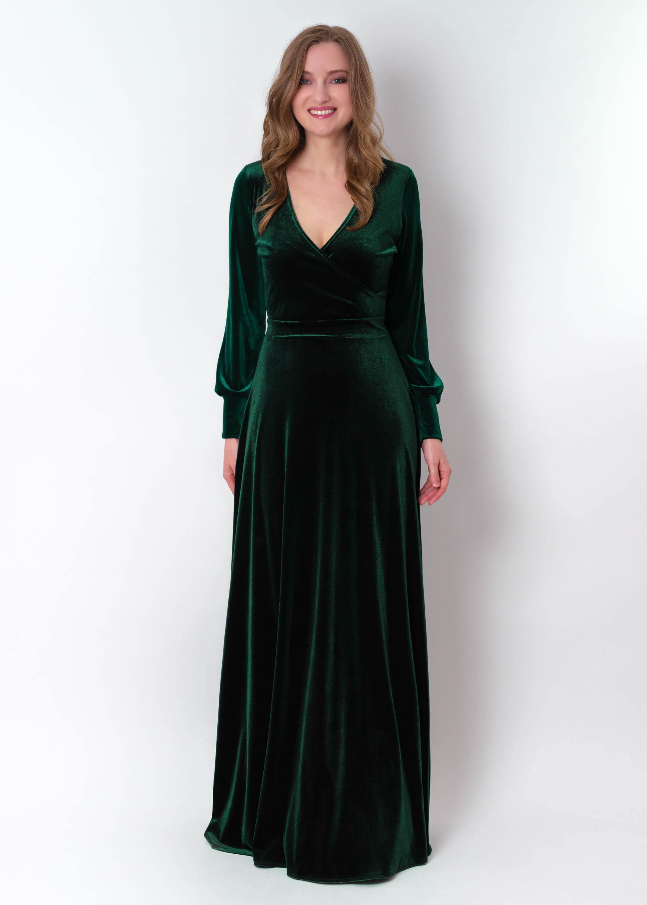 Emerald Green Velvet Maxi Dress: Elegant Long Sleeve Gown, Fall Wedding Guest, Modest Bridesmaid