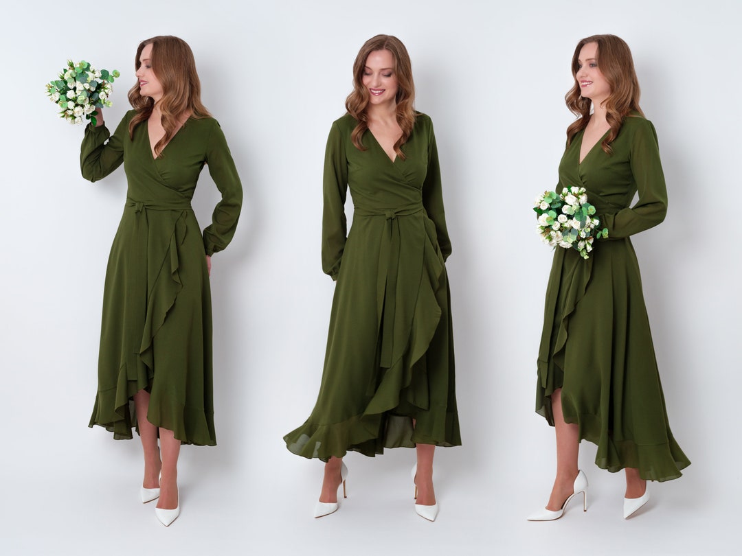 Olive Green Chiffon Bridesmaid Dress, Wedding Guest Dress, Bridesmaids Dress,  Chiffon Long Wrap Dress, Evening Dress, Formal Chiffon Dress - Etsy