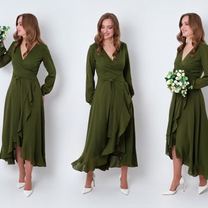 Vestido de dama de honor de gasa verde oliva, vestido de invitada de boda, vestido de dama de honor, vestido largo cruzado de gasa, vestido de noche, vestido formal de gasa
