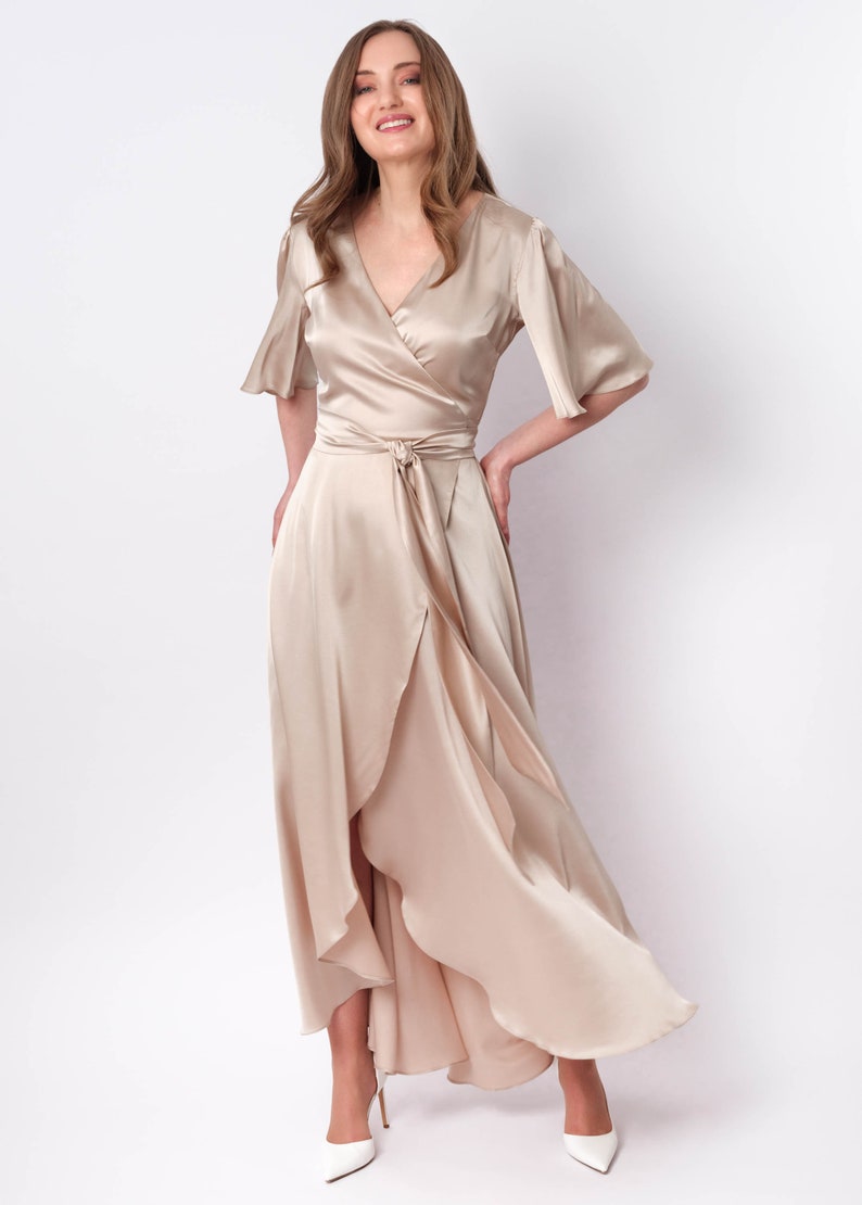 Champagne beige wrap silk dress