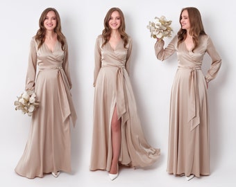 Champagne beige silk wrap dress, bridesmaid dress, wedding guest dress, silk dress, wrap dress, women dress, evening dress, long dress