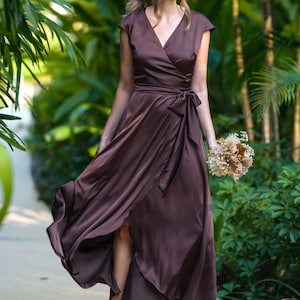 Chocolate brown silk dress, silk dress, wrap dress, bridesmaid dress, wedding guest dress, women dress, evening dress, long dress image 6