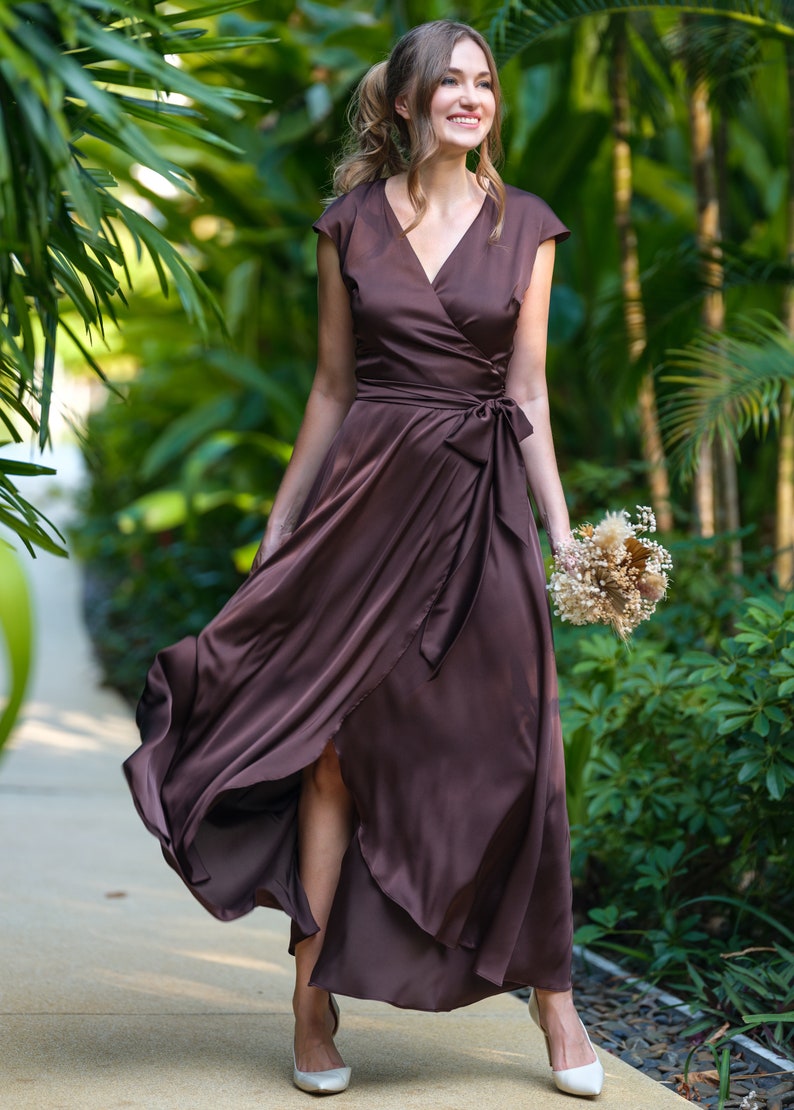 Chocolate brown silk dress, silk dress, wrap dress, bridesmaid dress, wedding guest dress, women dress, evening dress, long dress image 6