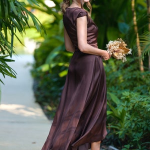 Chocolate brown silk dress, silk dress, wrap dress, bridesmaid dress, wedding guest dress, women dress, evening dress, long dress image 8