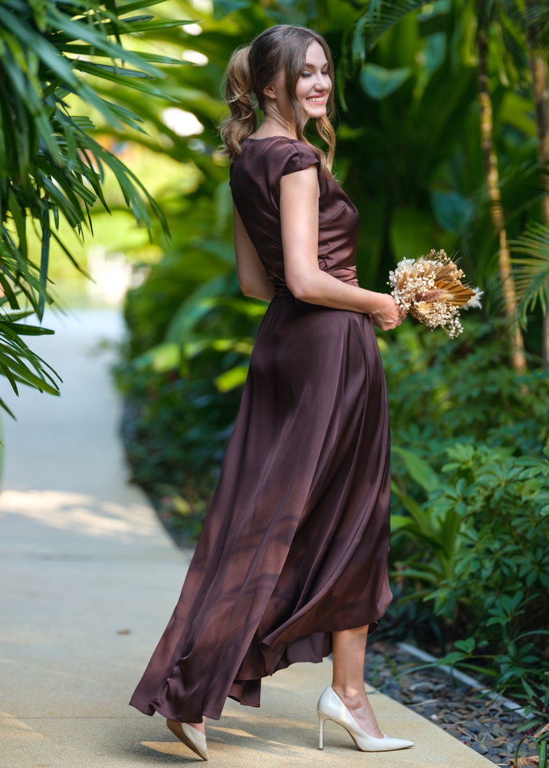 Chocolate brown silk dress, silk dress, wrap dress, bridesmaid dress, wedding guest dress, women dress, evening dress, long dress image 8