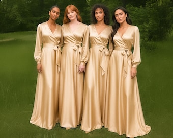 Champagne Gold Silk Wrap Bridesmaids Dress: Long Sleeve Floor-Length Gown, plus size