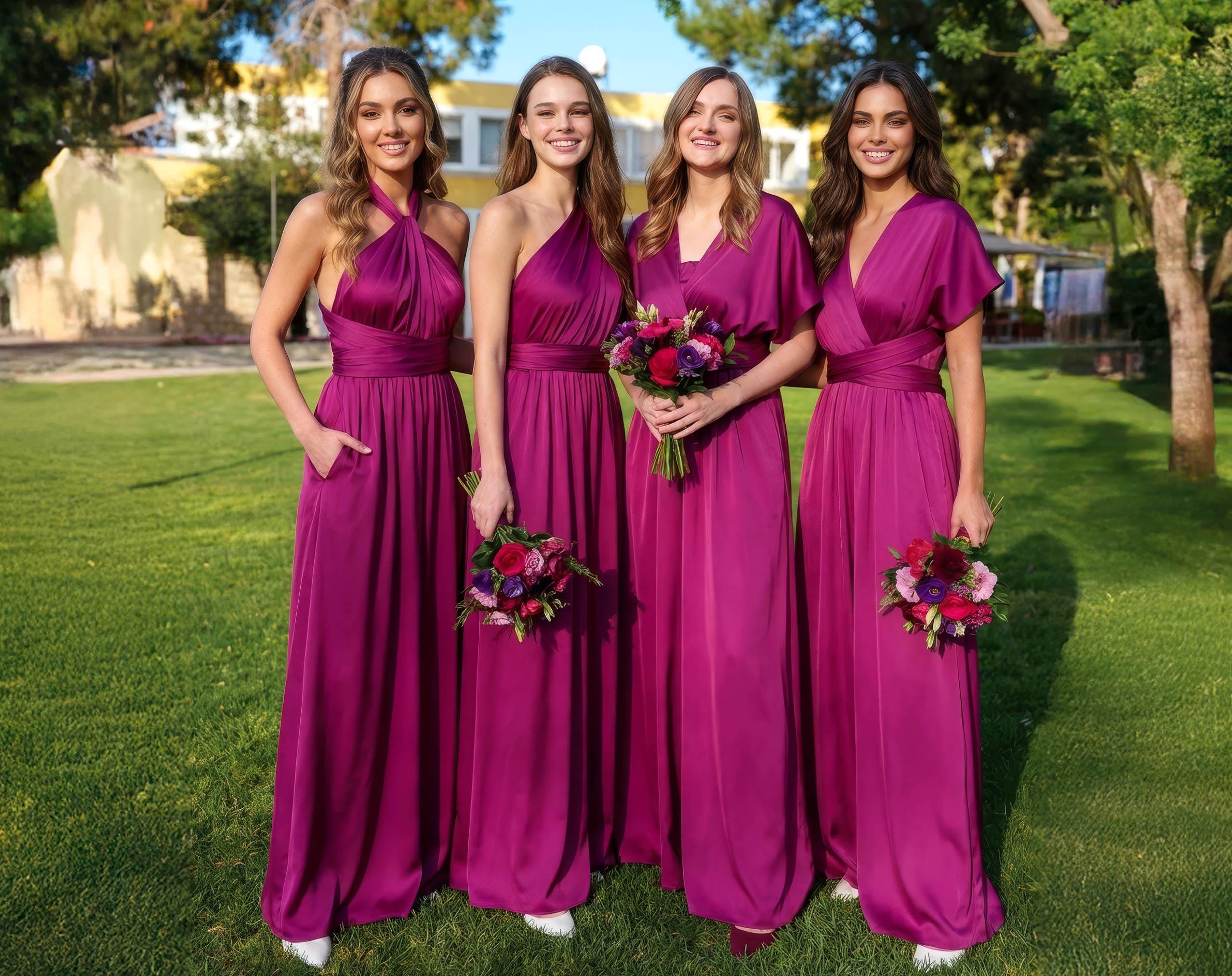 Dark Fuchsia Silk Infinity Bridesmaid Jumpsuit - Convertible Wide-Leg Romper, Formal Wedding Guest Outfit, Elegant Vacation or Evening Wear