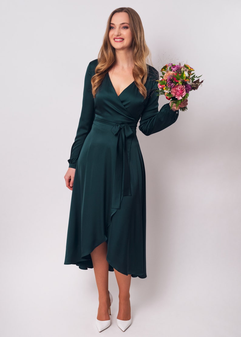 Forest Green Silk Dress Silk Dress Wrap Dress Bridesmaid Etsy