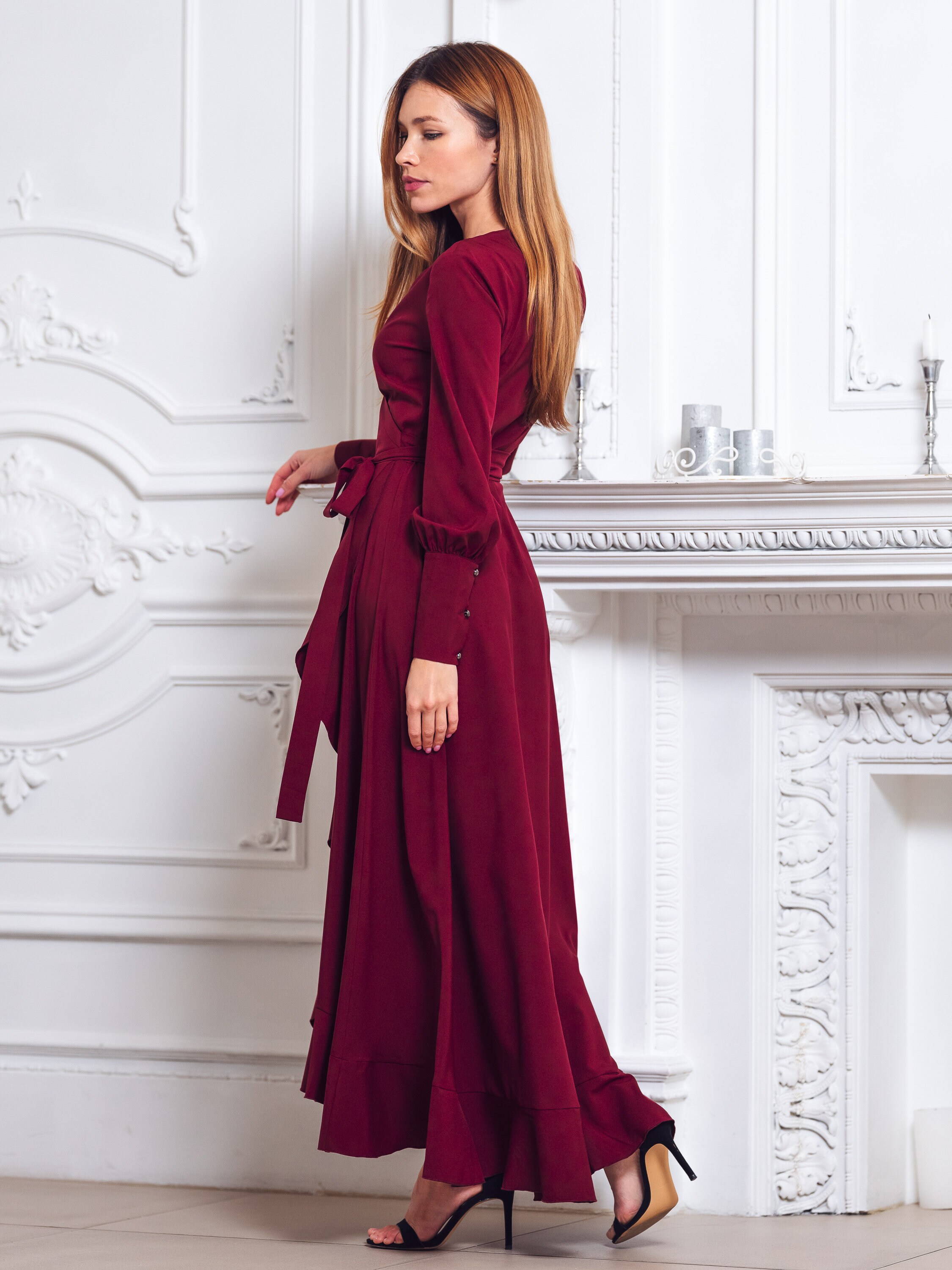 burgundy wrap dress bridesmaid Standard / XS Burgundy Satin Wrap Maxi Bridesmaid Dress  Elegant Wine Red Formal Evening Gown
