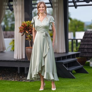 Silk dress in moss green, wrap dress, bridesmaid dress, wedding guest dress, women dress, maxi dress, evening dress, bridesmaid gift