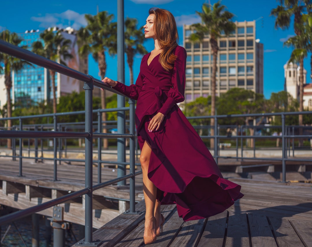 chinese dress ladies Zapaka Women Wedding Party Dress Burgundy Long Sleeves A Line Mother of The Bride Dress, Burgundy / S main image 0