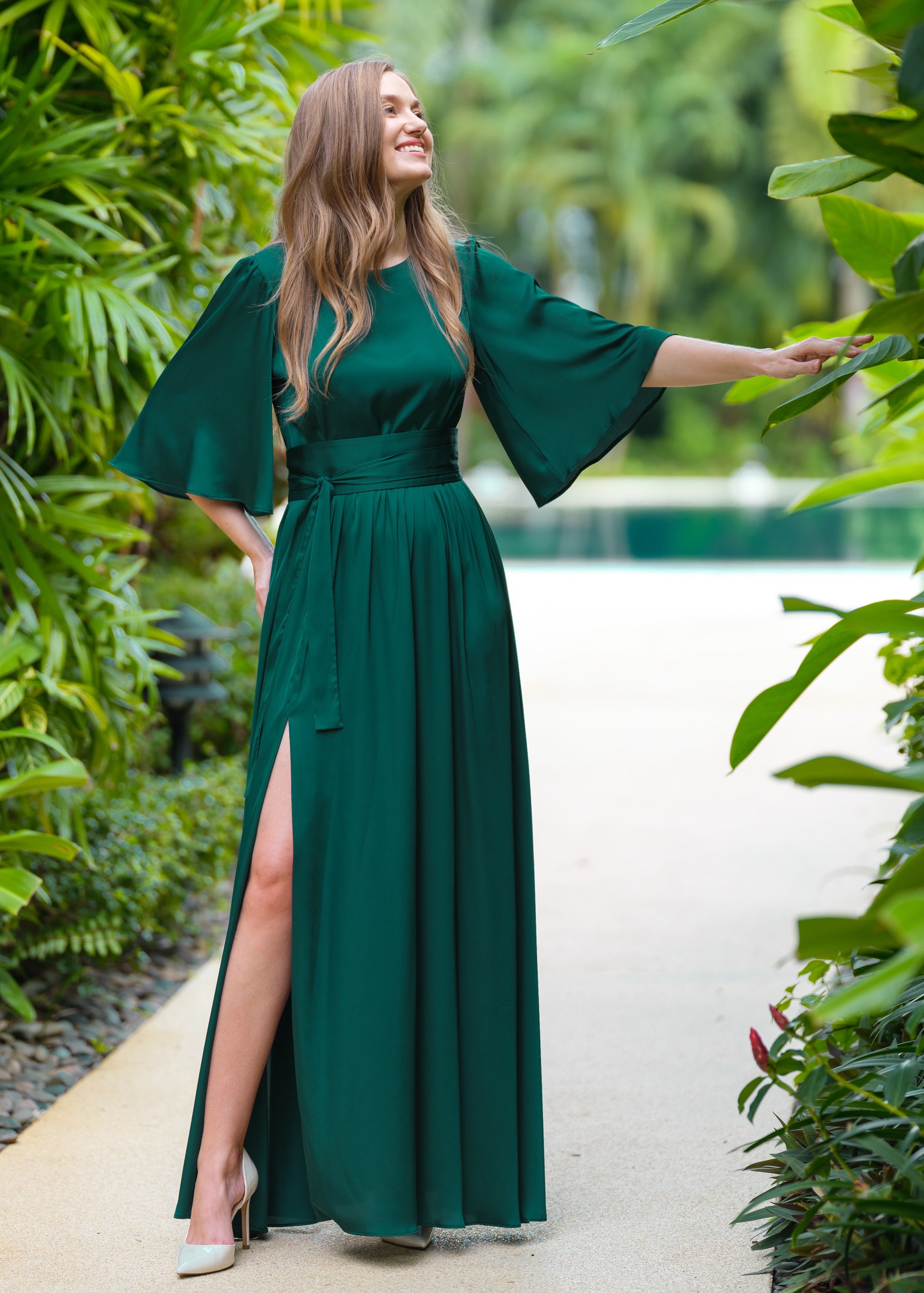 green dress with black belt Dark Belt, Long Slit Dress, Bridesmaid Dress, Wedding Guest Dress, Maxi Dress, Evening Dress, Formal Dress modest homecoming dresses