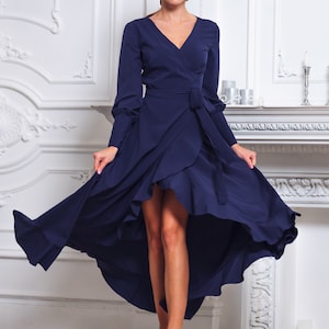 Navy blue long wrap dress, bridesmaid dress, cocktail dress, wedding guest dress, maxi party dress, formal dress, prom dress image 2