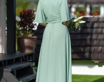Sage green romantic wrap dress, bridesmaids dress, maxi dress, long dress, wedding guest dress, formal dress, evening summer dress