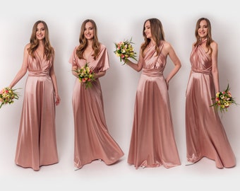 Vestido infinito de satén de lujo rosa rubor, vestidos de dama de honor, vestido infinito de dama de honor, vestido infinito de seda, vestido cruzado, vestido de dama de honor