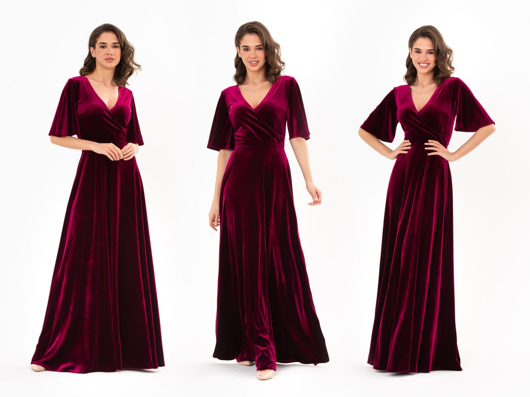 V-neck Floor-length Sheath Velvet Dress With Slit Burgundy Plus Size main image 1