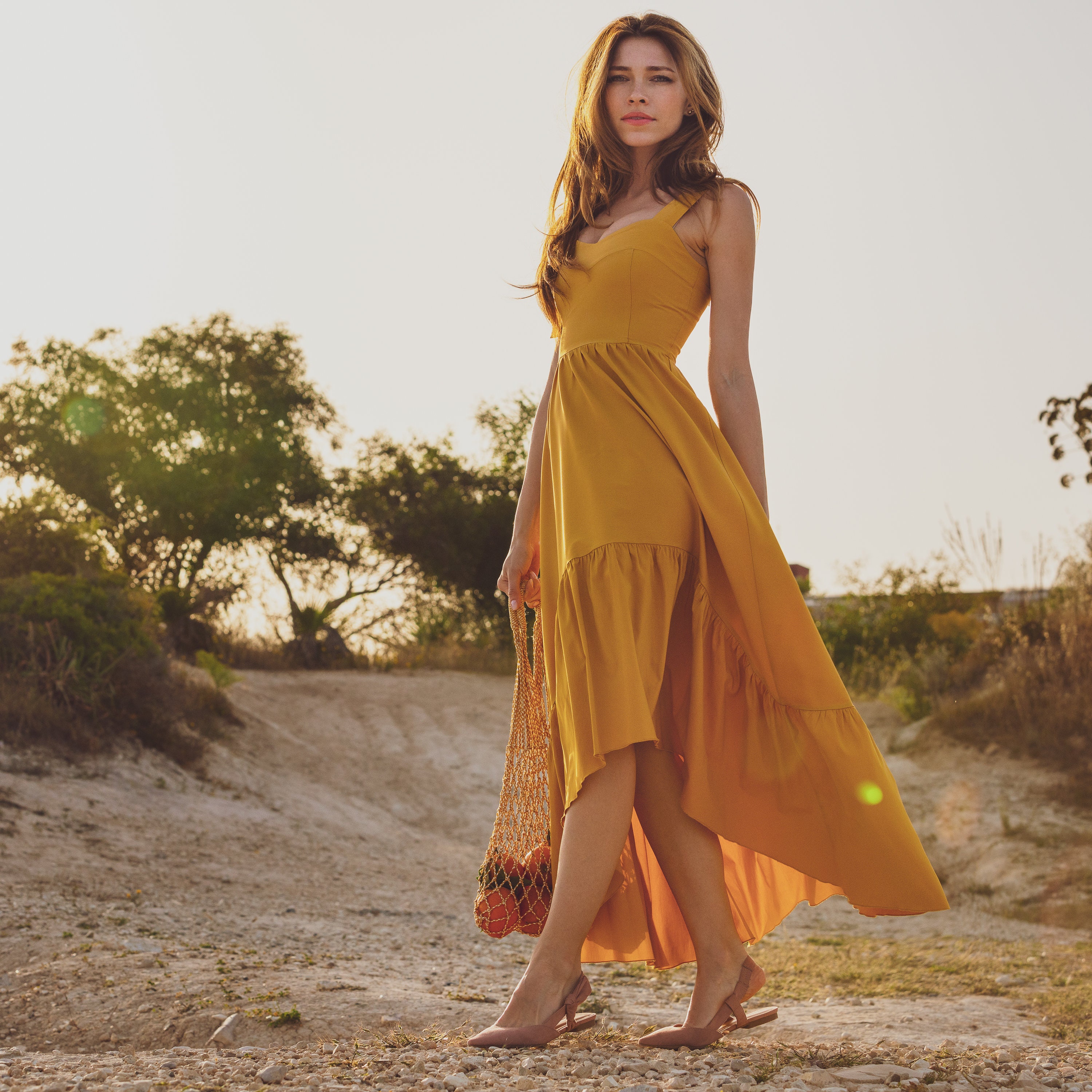 knee length dresses for ladies Long Maxi Dress / Cardigan. Khaki or Mustard Yellow main image 1