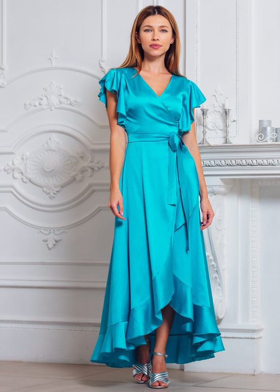 Turquoise Blue Dress, Silk Dress, Wrap Dress, Bridesmaid Dress, Wedding  Guest Dress, Women Dress, Maxi Dress, Evening Dress, Long Dress 