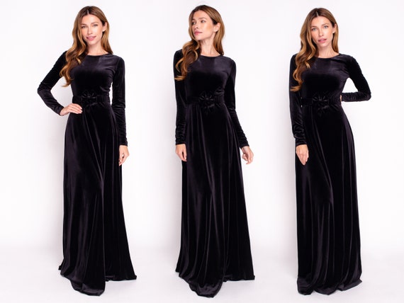 Black Velvet Long Sleeve Evening Dresses - Darius Cordell