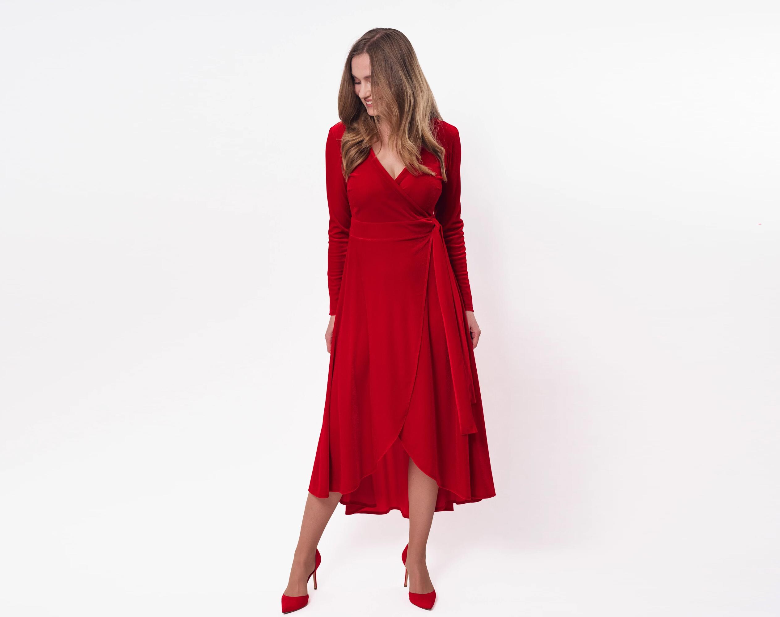 Velvet Dress in Red with Long Sleeves, Midi-Length Wrap Gown: Christmas, Fall Winter outfit, Plus size