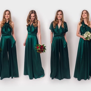 Emerald green luxury satin infinity jumpsuit, bridesmaid dresses, bridesmaid infinity dress, silk dress, wrap dress, Maid of Honor dress