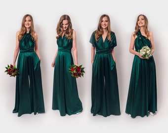 Emerald green luxury satin infinity jumpsuit, bridesmaid dresses, bridesmaid infinity dress, silk dress, wrap dress, Maid of Honor dress