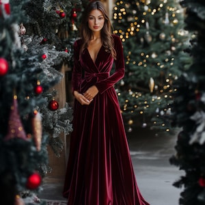 Velvet dress | Burgundy long dress | Long sleeve floor-length gown | Perfect for Holiday Parties, Winter Weddings & Special Occasions