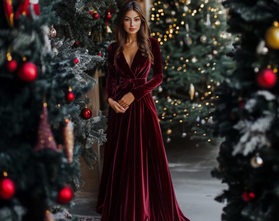Velvet long dress in Burgundy: with long sleeves floor length gown, for Holiday Parties, Fall Winter Weddings and Special Occasions