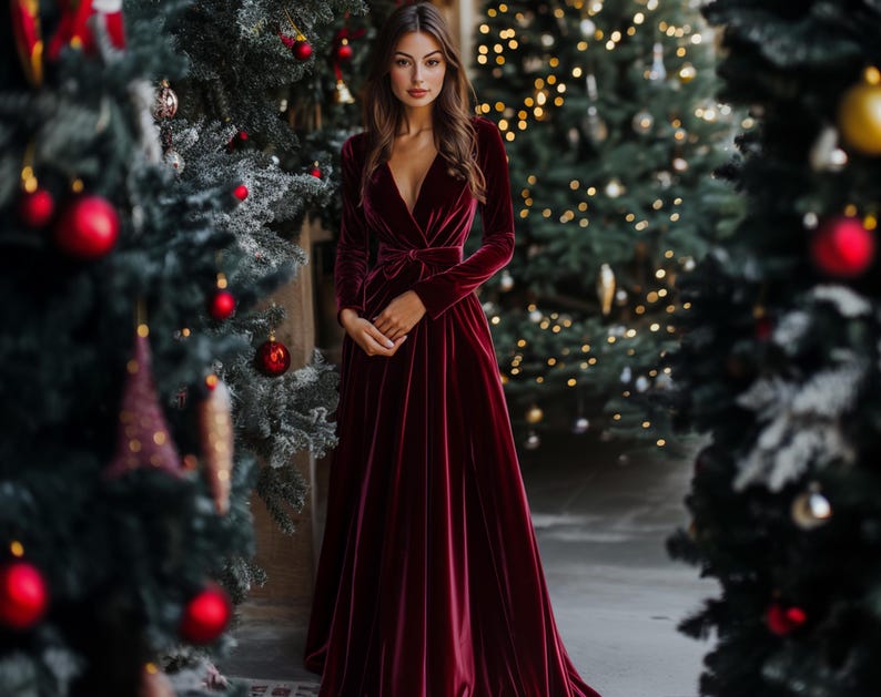 K&ouml;nnte beinhalten: Eine Frau in einem langen, burgunderfarbenen Samtkleid mit V-Ausschnitt und langen &Auml;rmeln. Sie steht vor einem Weihnachtsbaum.