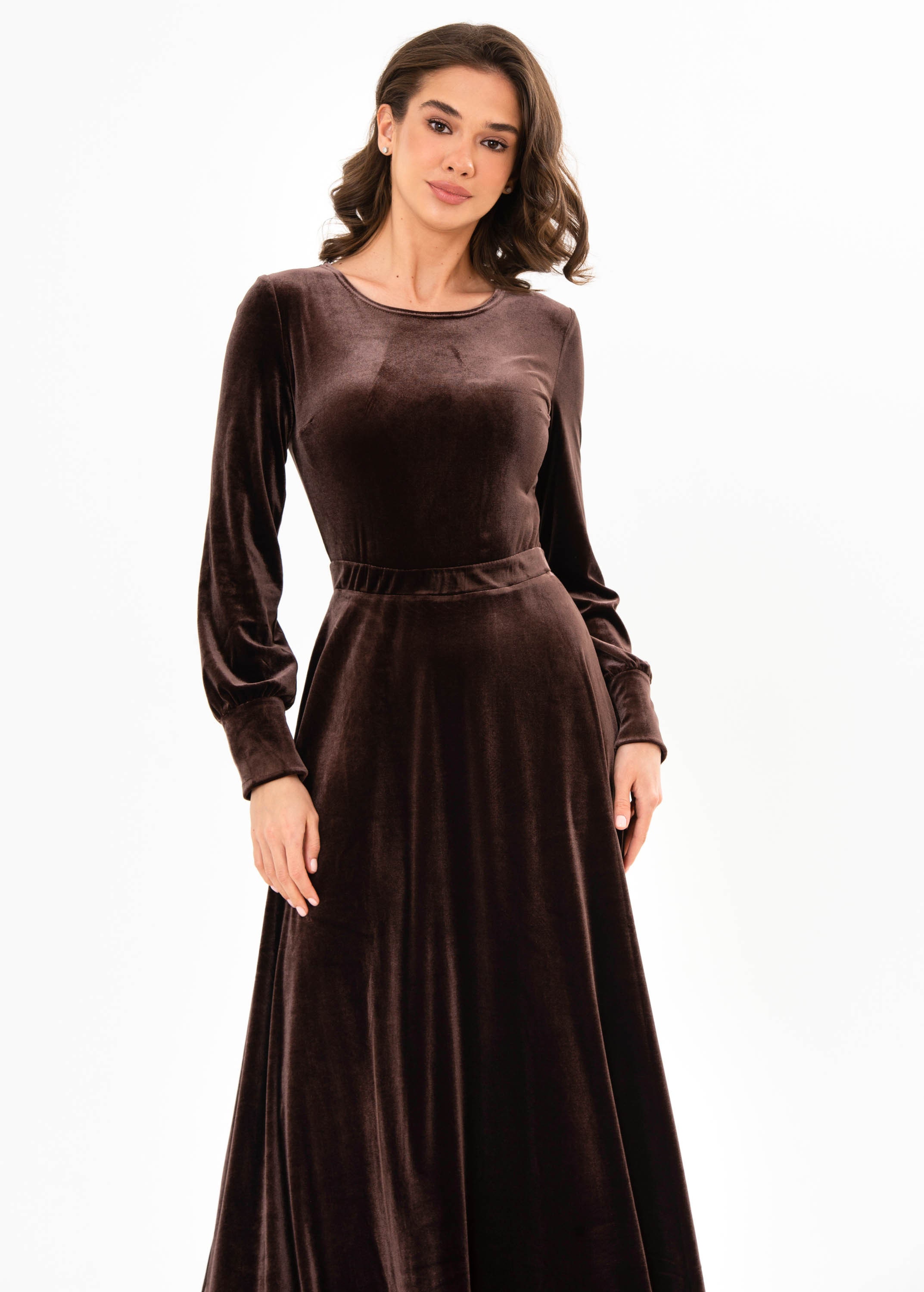 Chocolate Brown Velvet Maxi Dress: Elegant Long Sleeve Gown, Fall Wedding Guest, Modest Bridesmaid