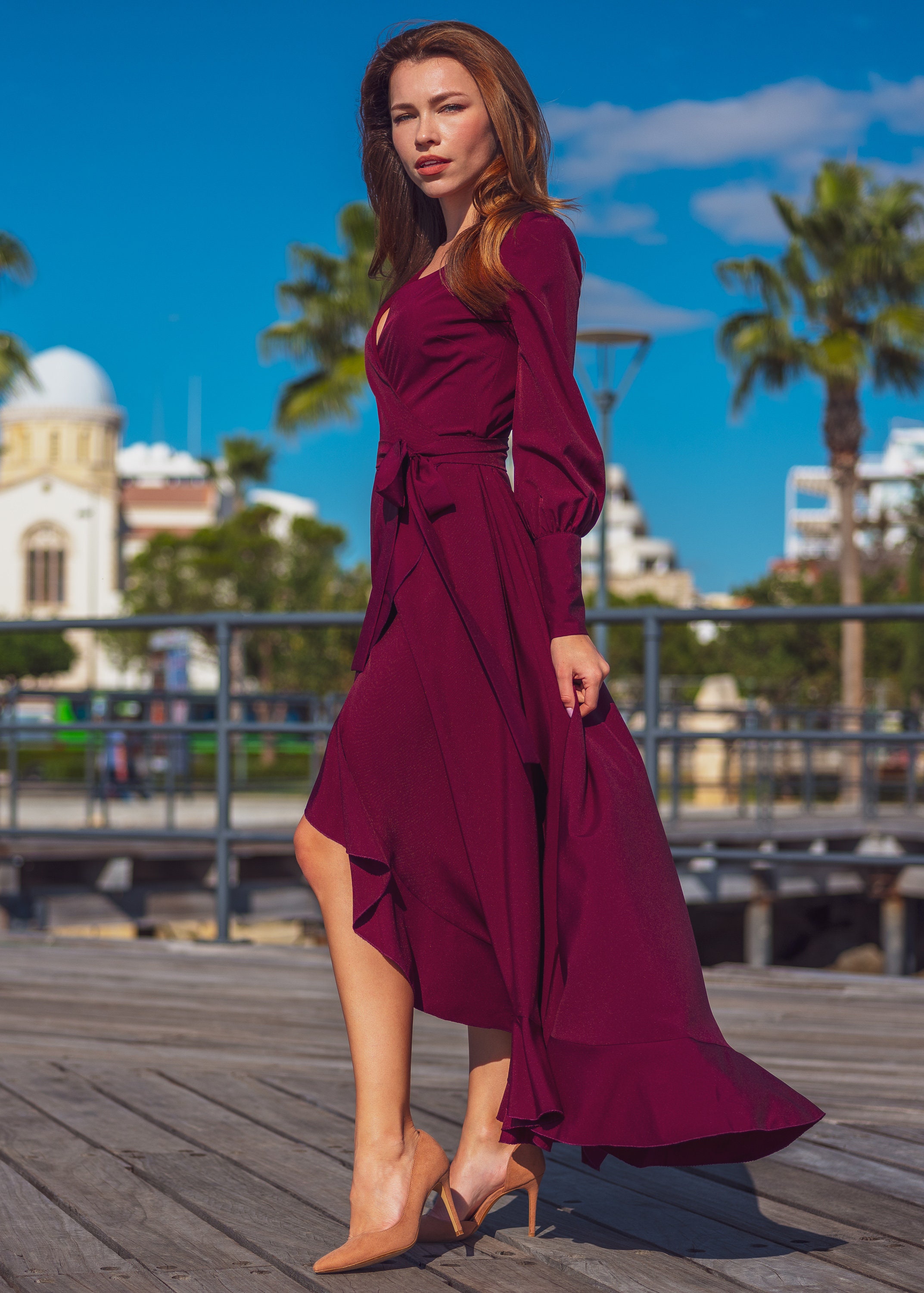 casual long burgundy dress Modelyn Burgundy Red Women's Fall Round Neck Long Sleeve Solid Color Casual Elegant Autumn Dress