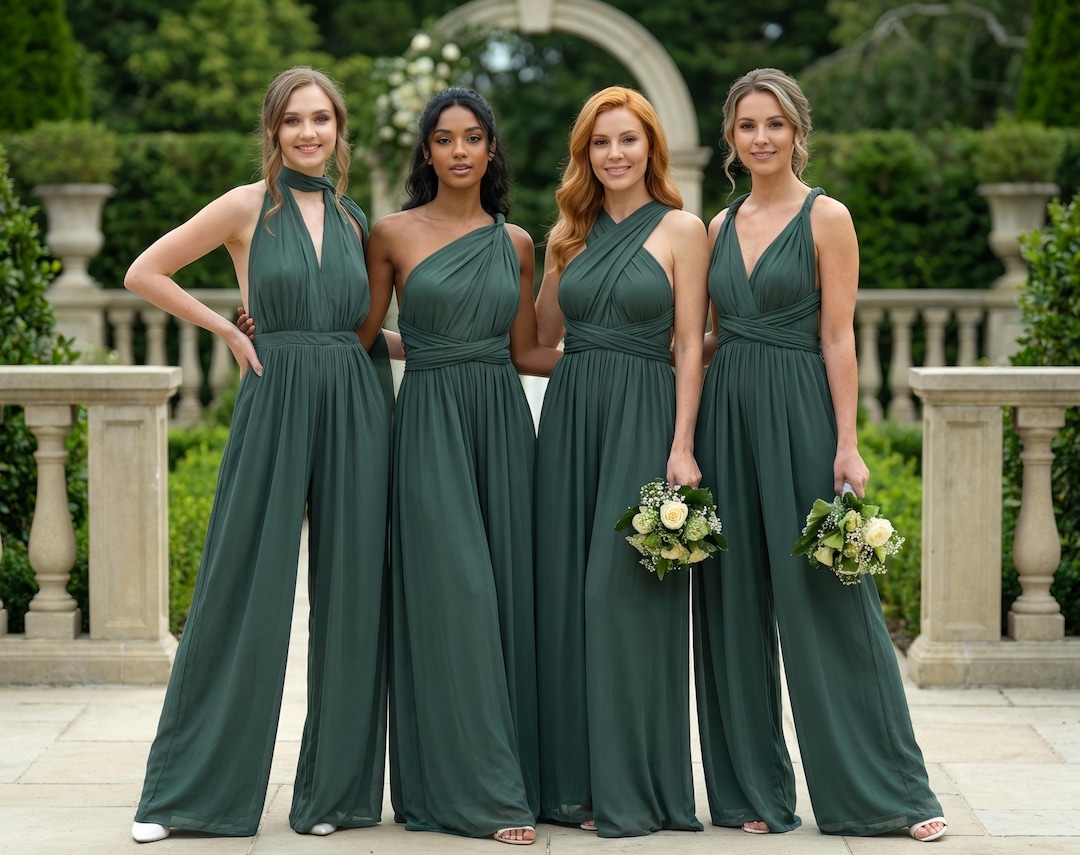 Dark Green Infinity Viscose Jumpsuit, Convertible Bridesmaid Dress, Wedding Guest Outfit, Summer Romper