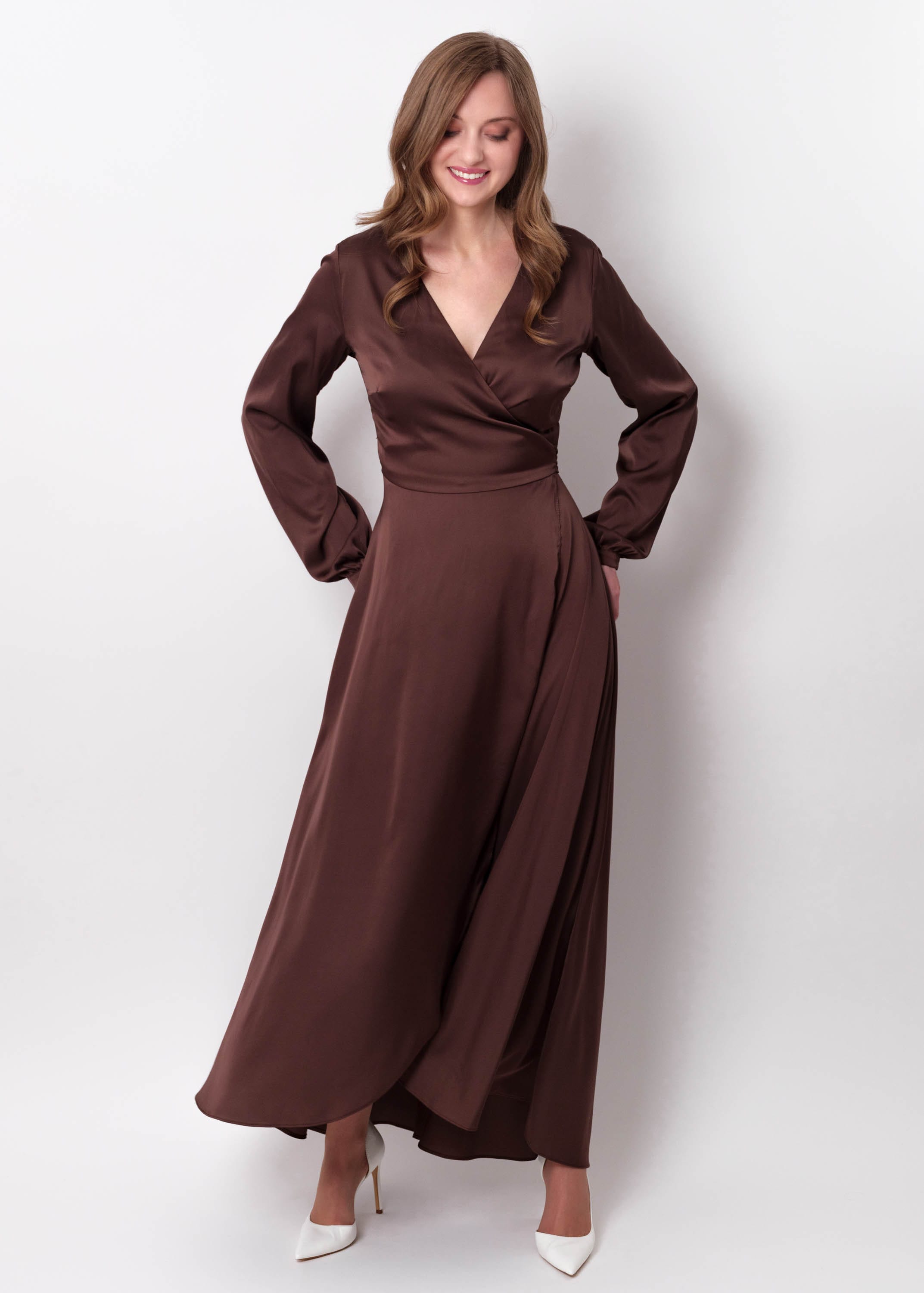 Chocolate Brown Silk Wrap Dress with Long Sleeve, Plus Size, Bridesmaids Chocolate Brown Silk Wrap Dress with Long Sleeve, Plus Size, Bridesmaids