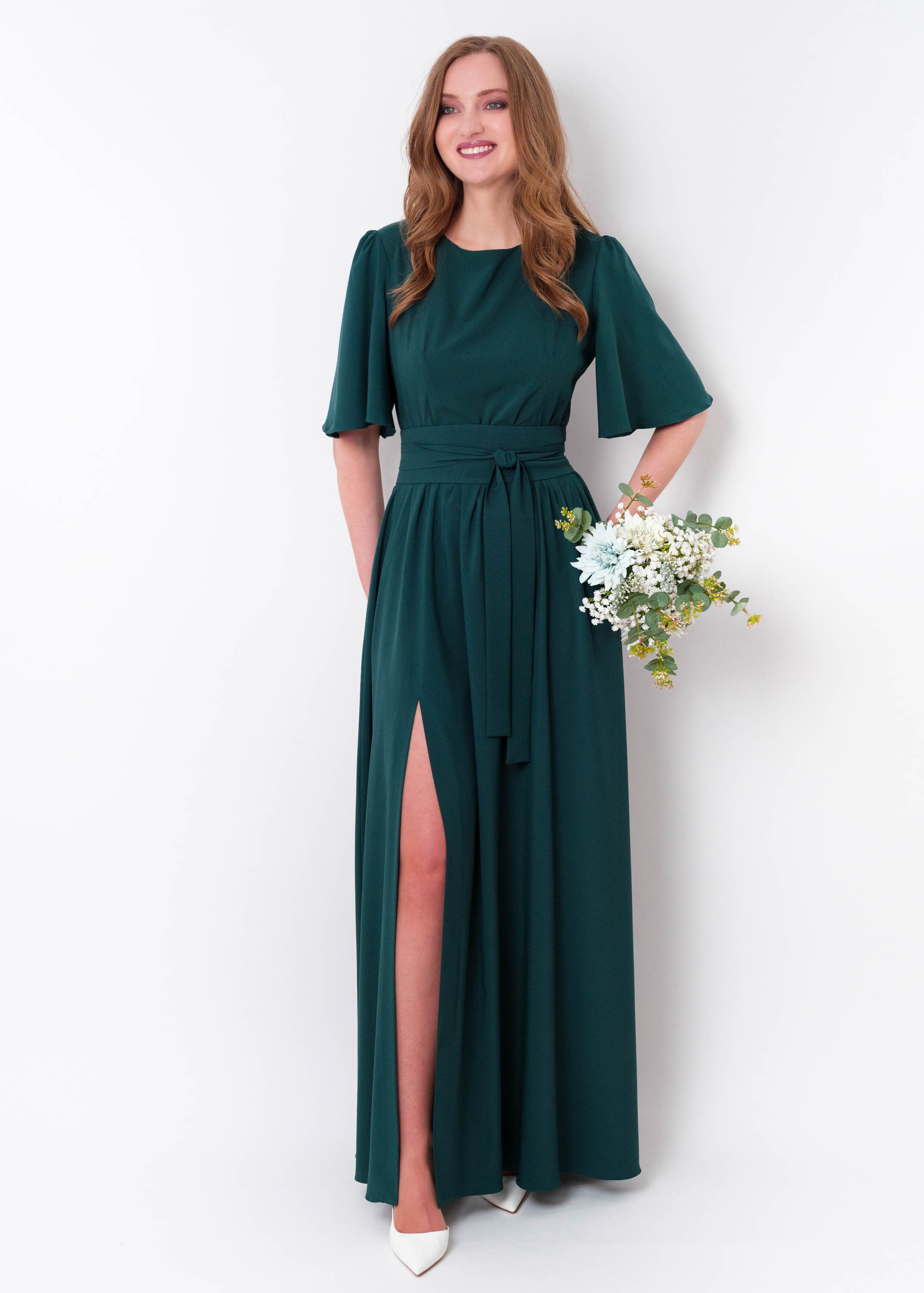green emerald velvet dress Emerald Chiffon Sleeveless Ruffle Long Dress with Belt – Modsele main image 0