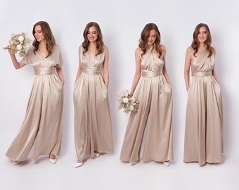 Champagne beige infinity jumpsuit, silk jumpsuit, bridesmaid jumpsuit, multi wrap multiway convertible jumpsuit, bridesmaid dress