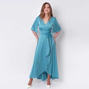 Dusty blue silk dress, silk dress, wrap dress, bridesmaid dress, wedding guest dress, women dress, evening dress, long dress